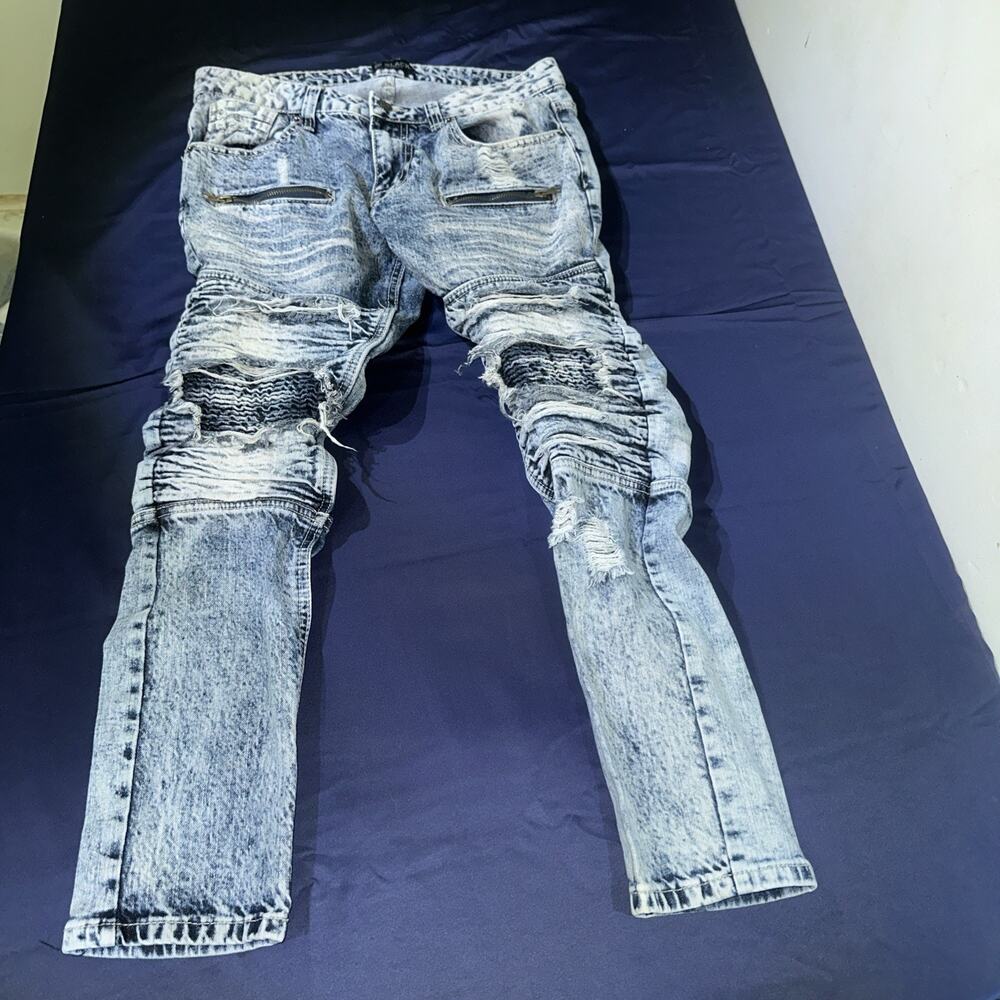 Black Premium Acid Wash Distressed Ripped Straight Denim Jeans Light Blue Men